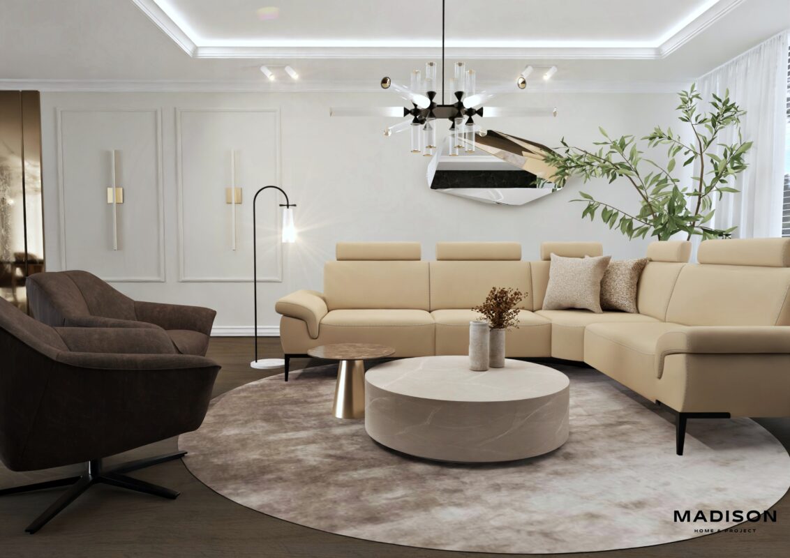 aranżacja salonu sofa narożnik w odcieniu beżu